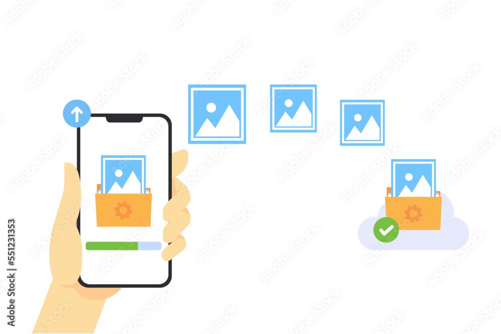Flat design Illustration of Image file transfer from Wi-Fi Phone to cloud, cloud technology easy to transfer