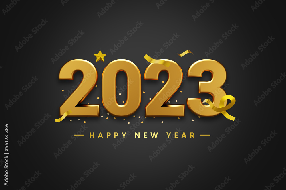 3d Render Happy new year 2023 illustration.Realistic gold number for 2023 new year celebration