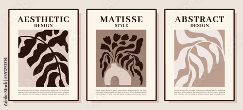 Matisse art, botanical hipster posters collection. Retro artwork composition, flora leaf, line paint, vintage artwork. beige colors, simple shapes. Vector illustration vertical banners
