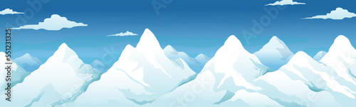 Snow Alps mountains. Winter landscape. Alpine rocks and blue sky. Christmas nature scenic panorama. Icy summits scenery background. Snowy peaks with glaciers. Vector cartoon illustration