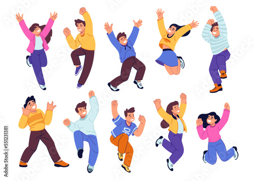 Happy people. Open store party. Excited young persons at office start ceremony. Cheerful characters set. Launch event. Jumping men and women. Joy expression. Vector flat illustration