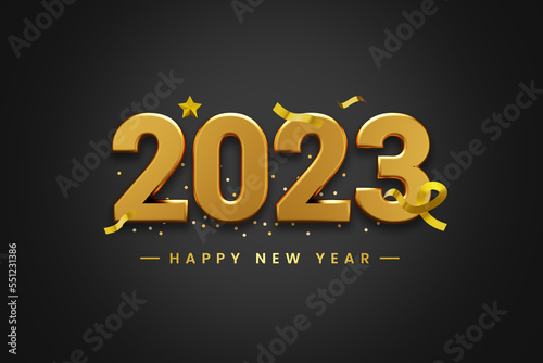 3d Render Happy new year 2023 illustration.Realistic gold number for 2023 new year celebration