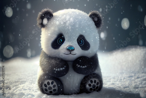 Cute Panda baby playing in snow winter, Generative Ai