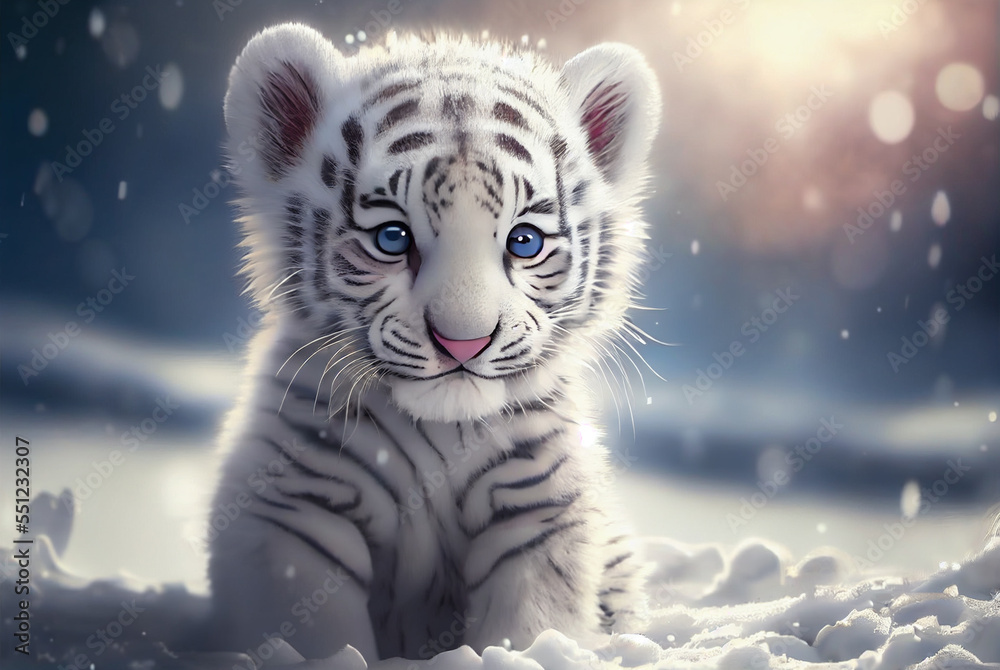 Cute Tiger cub playing in snow winter, Generative ai Stock