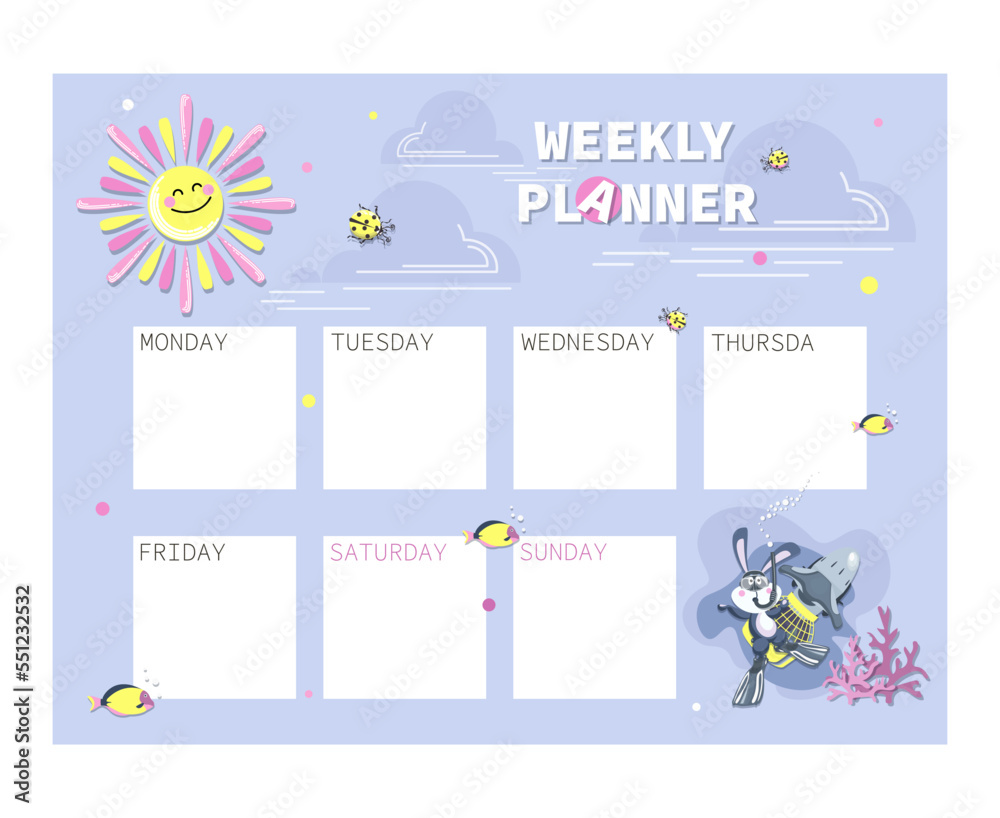 Black water rabbit. Weekly planning. Bunny diver. Horizontal page for entries. Notes page design 