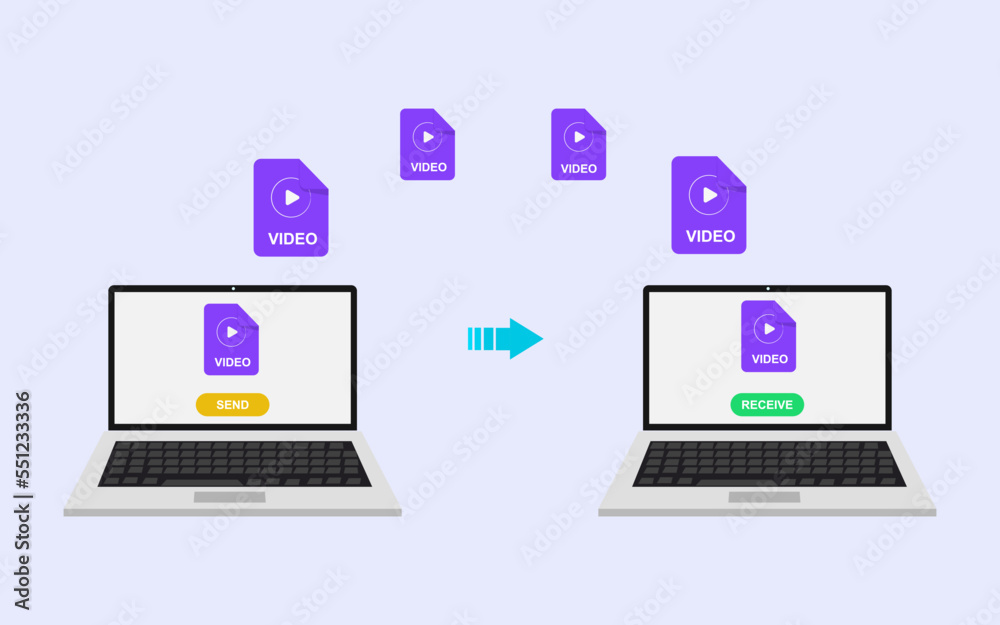 Video file transfer from one laptop to another via the internet. flat vector illustration. Video file transfer from one laptop to another via the internet. flat vector illustration.