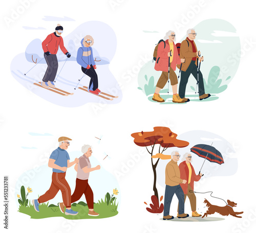 Elderly couple spends time outdoors in different season. Active retirement. Cartoon happy senior man and woman enjoying outdoor physical activity. Vector flat illustration isolated on white.
