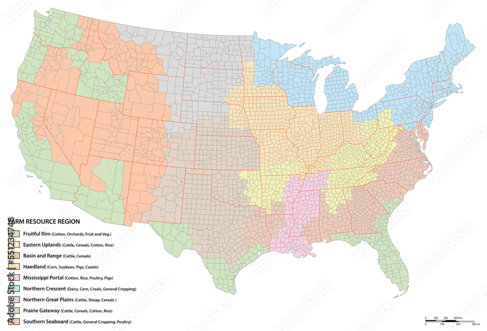 Vector map of agricultural resource regions, United States