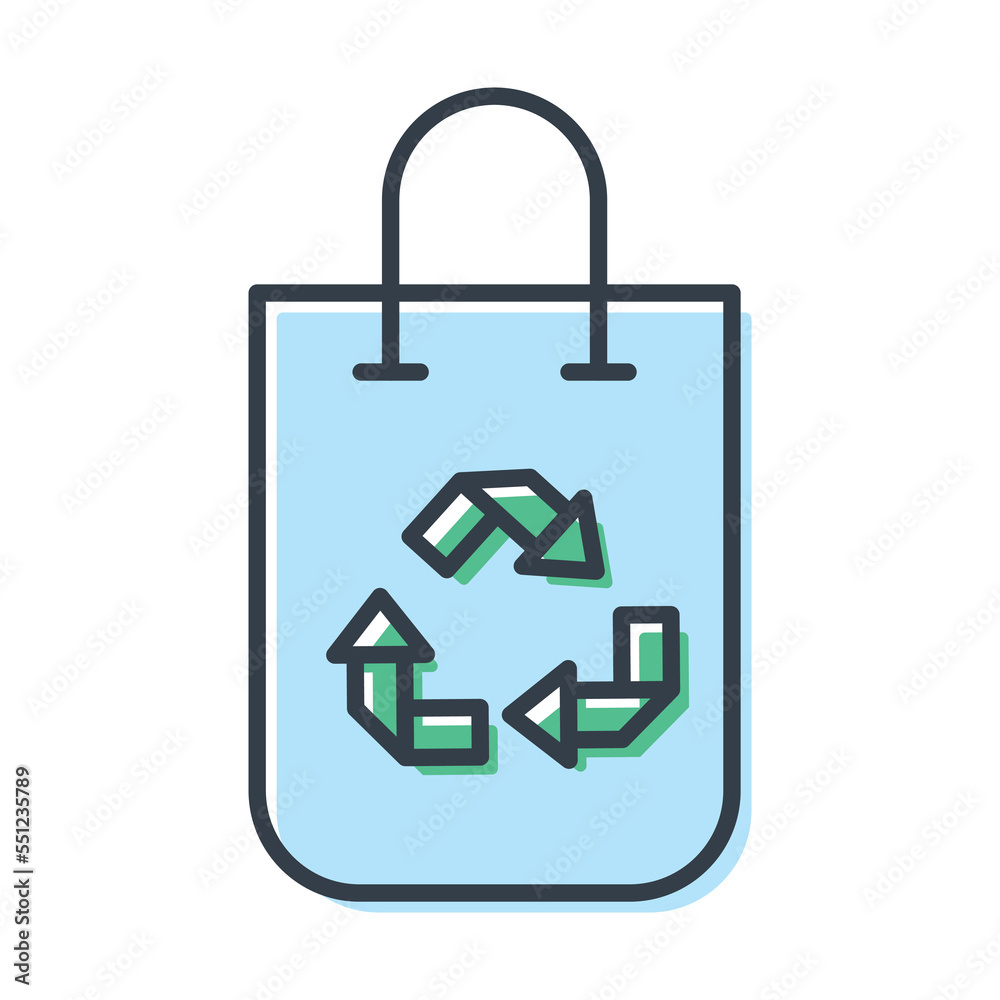 Vector isolated icon of plastic or shopper bag with recycling sign.
