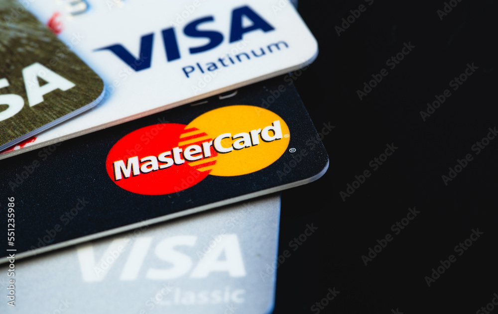 Visa and MasterCard logo on plastic electronic cards closeup macro ...