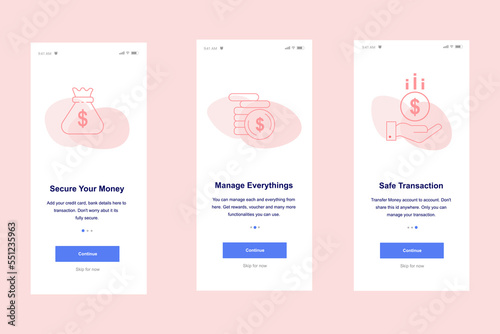Online banking service. Three simple steps. Onboarding screens template for mobile applications and websites.