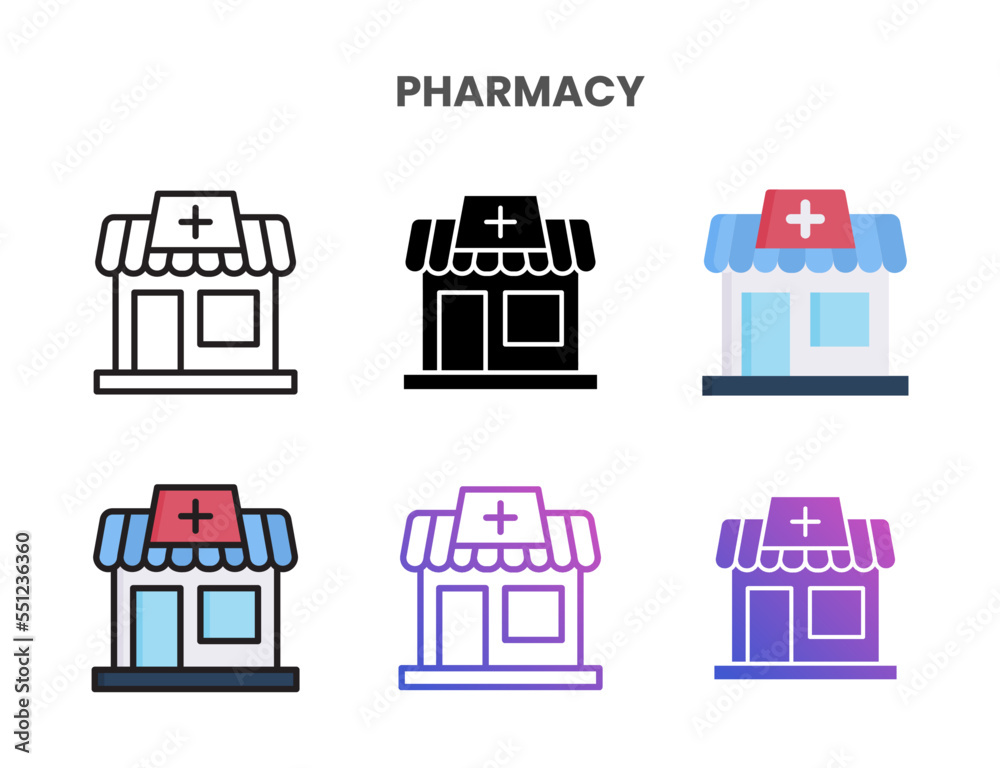 Pharmacy icons vector illustration set line, flat, glyph, line color gradient. Great for web, app, presentation and more.