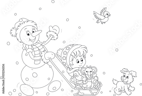 Funny snowman sledging a happy cute little girl with a toy baby elephant and walking and playing with a merry pup and a small bird on a snowy winter day, black and white vector cartoon illustration