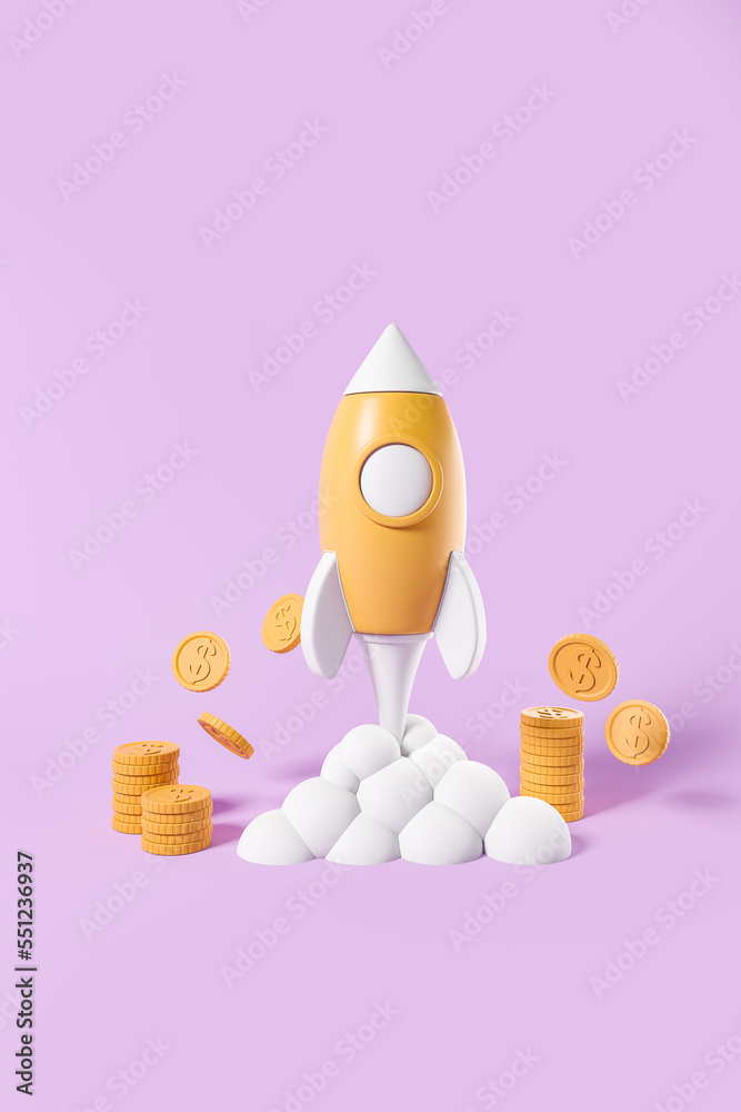 Rocket taking off and falling dollar money. Copy space Rocket taking off and falling dollar money. Copy space