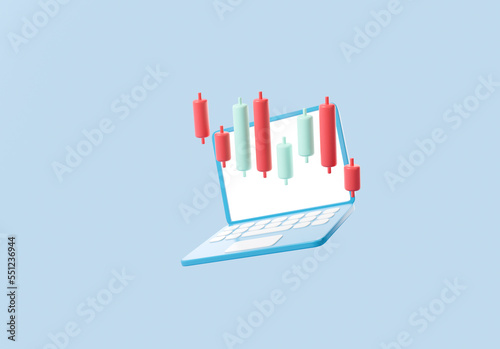 Stock market candlesticks dynamics and laptop blank display