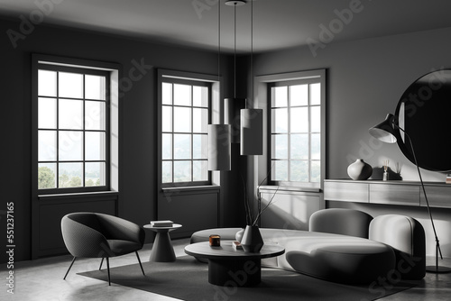 Corner view on dark living room interior with round mirror