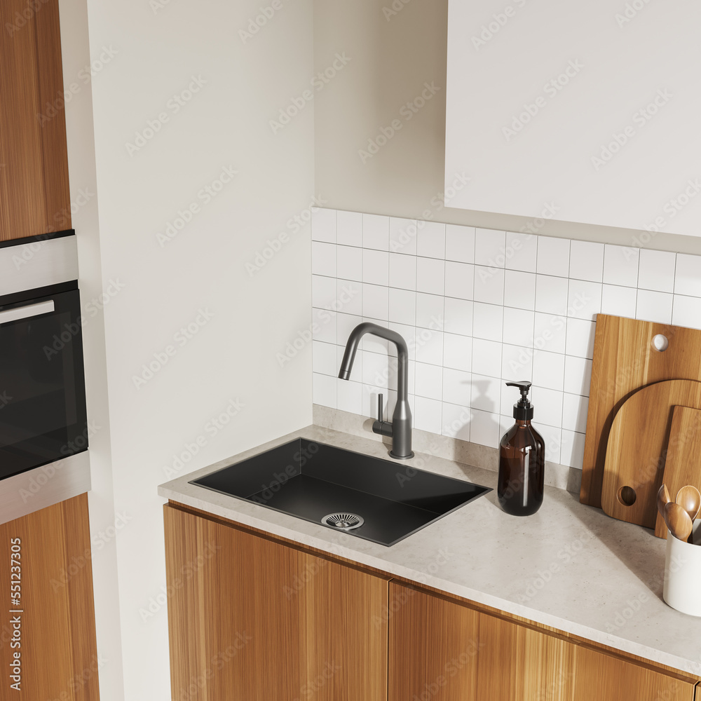Fototapeta premium Corner close up view on bright kitchen room interior
