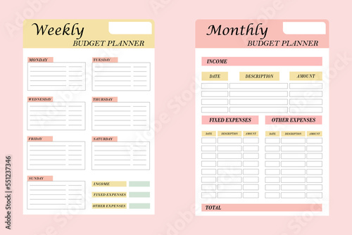 Monthly and weekly budget planner. printable and editable planner page for budget organization. vector illustration.