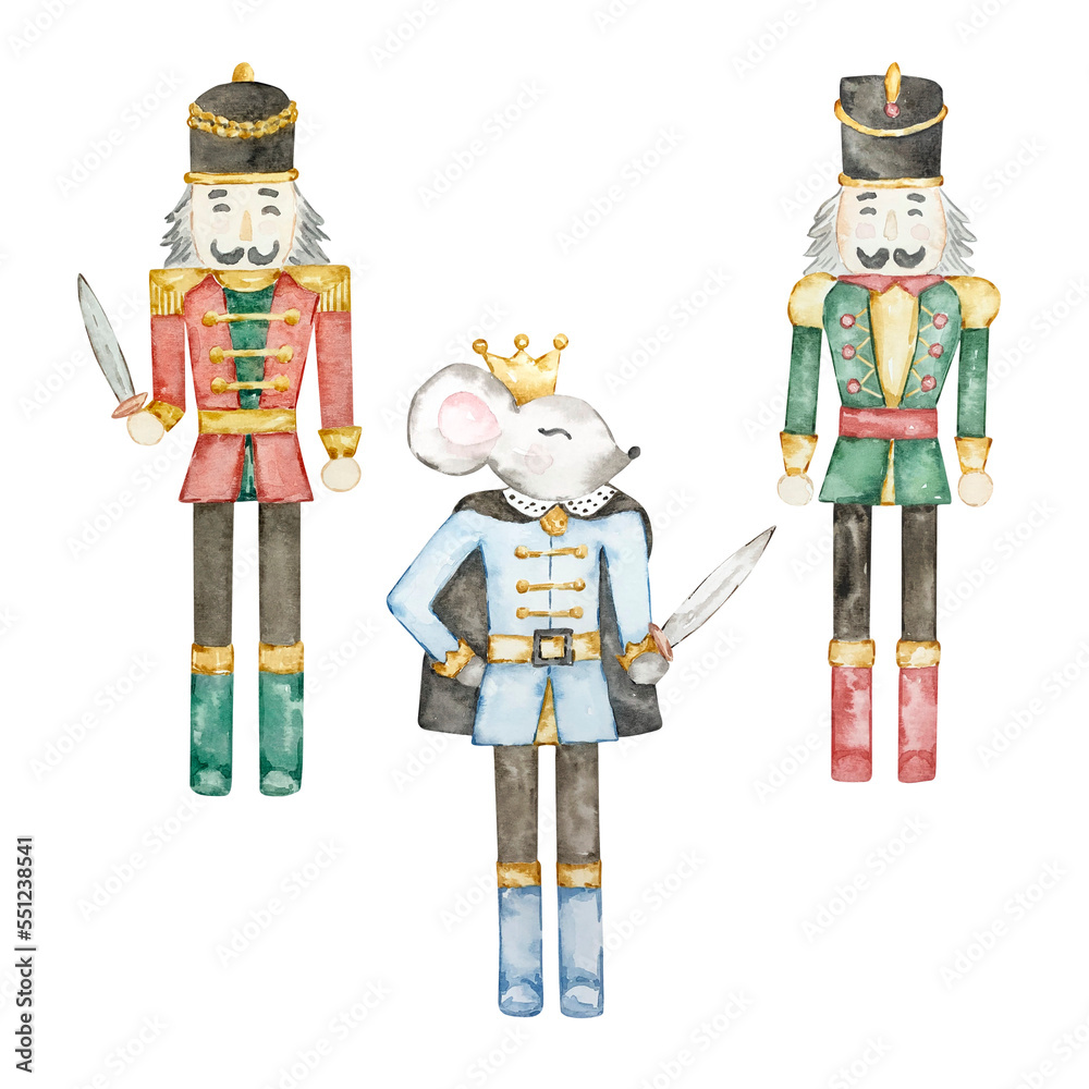 Watercolor Nutcracker Christmas soldiers and mouse king toys