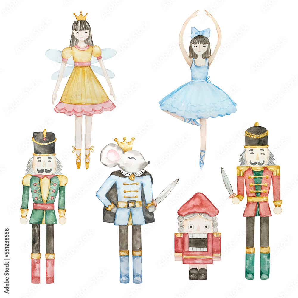 Watercolor Nutcracker Christmas soldiers and fairy ballerina toys