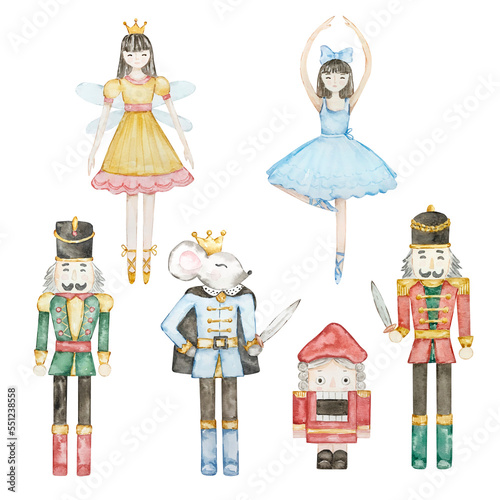 Watercolor Nutcracker Christmas soldiers and fairy ballerina toys