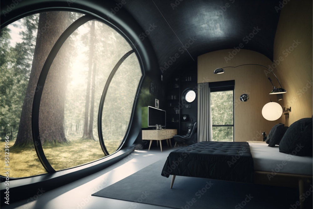 interior of a futuristic black bedroom, curved, modern, clean,  environmentally friendly, tree inside the room, eco, minimal,fictional  interior made with generative ai Иллюстрация Stock | Adobe Stock