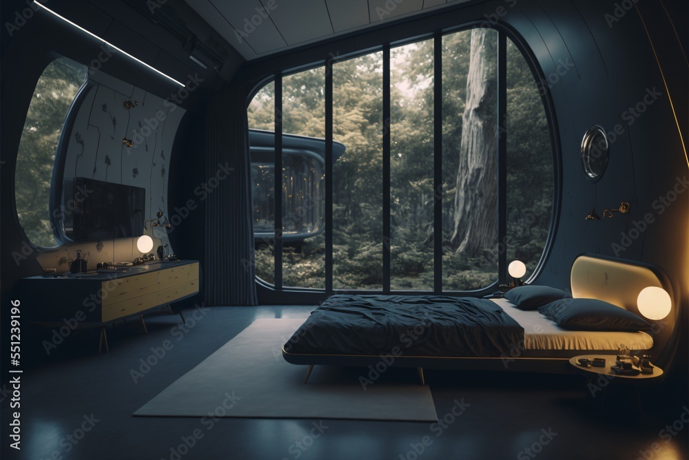 interior of a futuristic black bedroom, curved, modern, clean,  environmentally friendly, tree inside the room, eco, minimal,fictional  interior made with generative ai Stock Illustration | Adobe Stock