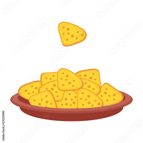 Mexican nachos tortilla chips on plate in simple flat style. Perfect for tee, stickers, menu and logotype. Isolated vector illustration for decor and design.