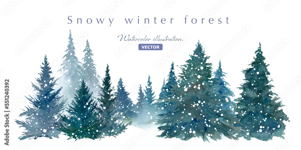 雪が降る針葉樹林の水彩イラスト。森林の風景。（ベクター。レイアウト変更可能）
