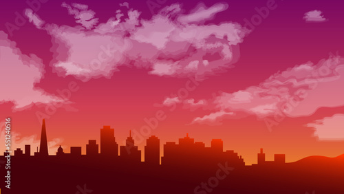Minimal city landscape art. Abstract nature scenery with sunrise and clouds. Use as background or wallpaper.