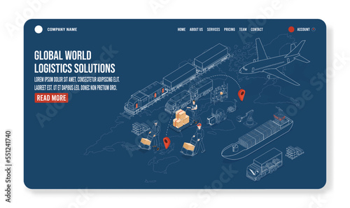 3D isometric Global logistics solutions landing page concept with Smart Logistics, Business logistics, Warehouse Logistic, Online delivery, Export and Import. Vector illustration eps10