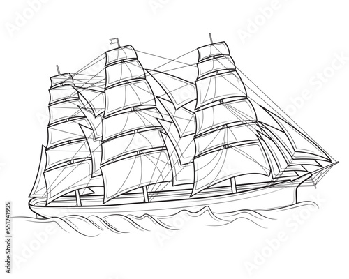 Realistic sailboat sails on the waves Fototapeta