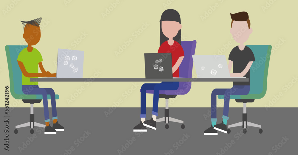 school people sitting at the desk, technology  icons