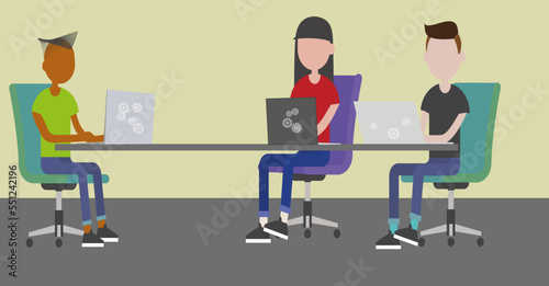 school people sitting at the desk, technology icons