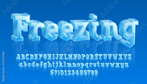 Freezing alphabet font. 3D cartoon ice letters and numbers with reflections. Uppercase and lowercase. Stock vector typescript for your typography design.