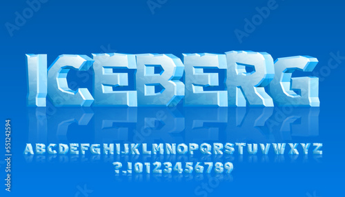 Iceberg alphabet font. 3D cartoon ice letters and numbers with reflections. Stock vector typescript for your typography design.