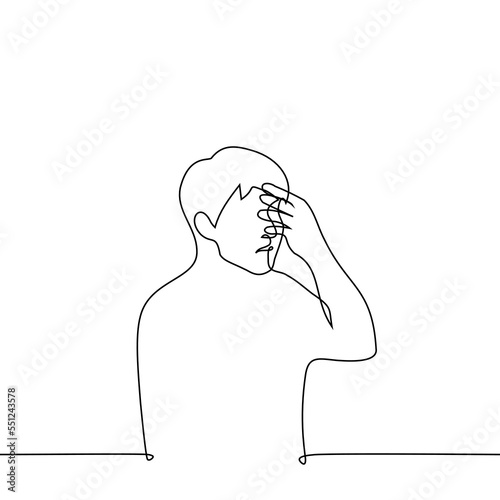 man touching his face with his hand - one line drawing vector. shame, headache or cringe concept