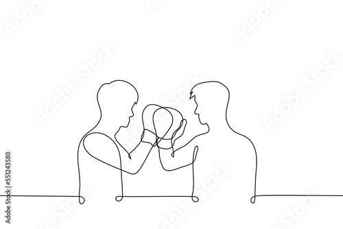 male wrestlers in boxing gloves beat hands in a greeting gesture - one line drawing vector. concept two sports rivals greet each other respectfully or finish the fight