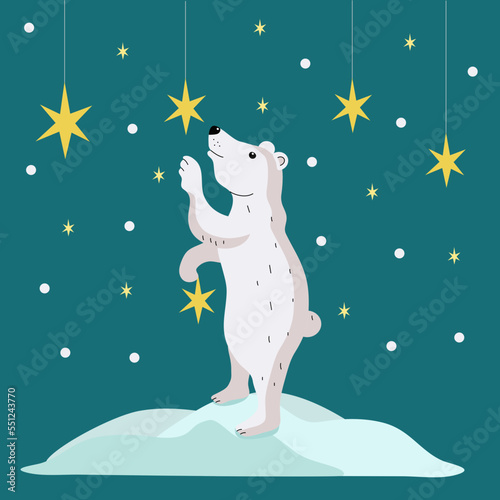A polar bear with stars. Northern Animal, cartoon. Starry Sky. Arctic climate. Ice, frost, snow. Vector illustration.