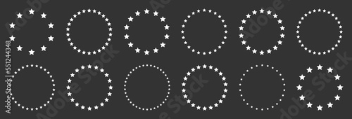 White stars of various sizes arranged in a circle. Round frame, border. Black star outline, simple symbol. Design element, ornament. Line art. Vector illustration