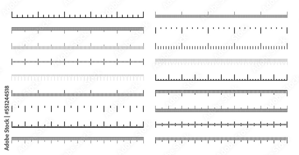 Various measurement scales with divisions. Realistic scale for measuring length or height in centimeters, millimeters or inches. Ruler, tape measure marks, size indicators. Vector illustration