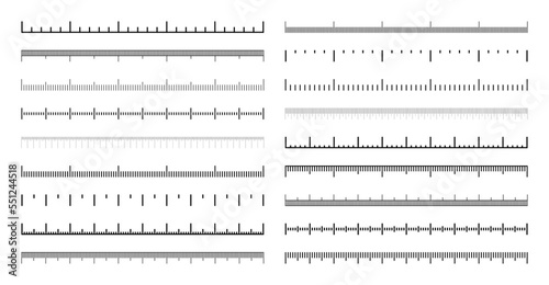 Various measurement scales with divisions. Realistic scale for measuring length or height in centimeters, millimeters or inches. Ruler, tape measure marks, size indicators. Vector illustration