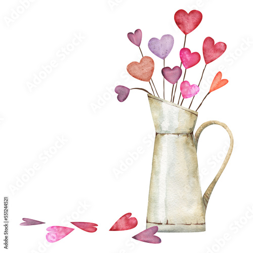 Watercolor hand drawn composition  bouquet of red and purple hearts in jug for Valentine s day. Isolated on white background. Design for paper  love  greeting cards  textile  print  wallpaper  wedding