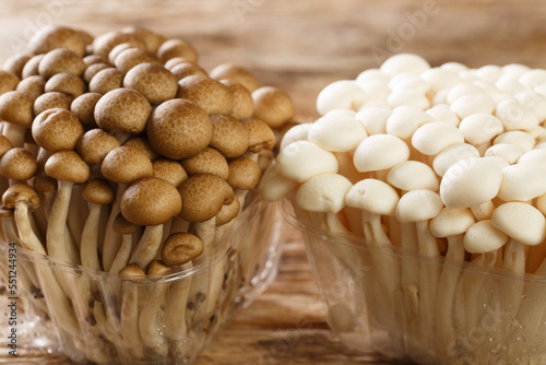 White and brown beech mushrooms or Shimeji mushroom in plastic container closeup on wooden table. Horizontal photo