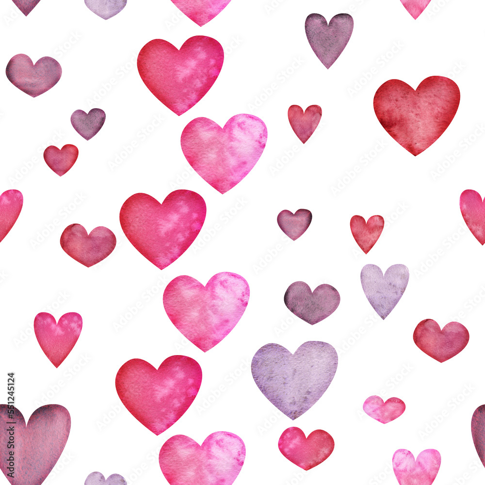 Watercolor hand drawn seamless pattern of red and purple hearts for Valentine's day. Isolated on white background. Design for paper, love, greeting cards, textile, print, wallpaper, wedding