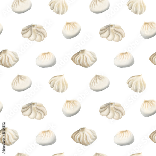 Watercolor seamless pattern with hand drawn Chinese dumplings. Asian steamed food on white background, restraunt menus