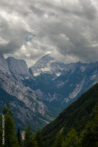 the rocky peaks in the clouds in the Triglav national park in Slovenia