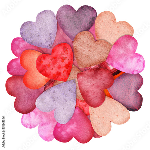 Watercolor hand drawn composition, circle of red and purple hearts for Valentine's day. Isolated on white background. Design for paper, love, greeting cards, textile, print, wallpaper, wedding