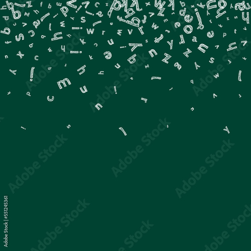 Falling letters of English language. Sketch chalk flying words of Latin alphabet. Foreign languages study concept. Ravishing back to school banner on blackboard background.