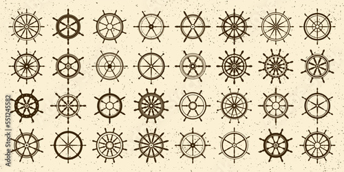 Collection of grunge vintage steering wheels. Ship, yacht retro wheel symbol. Nautical rudder icon. Marine design element. Vector illustration